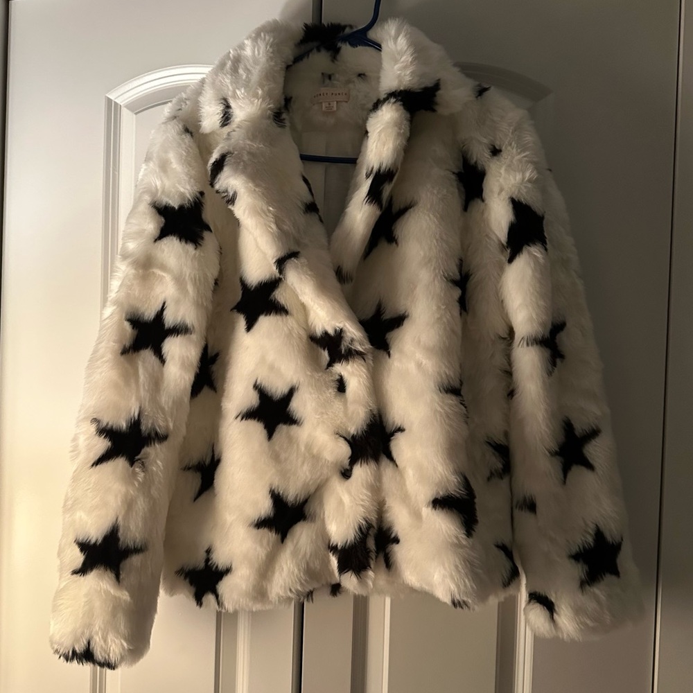 Honey Punch Faux fur cropped jacket with star details